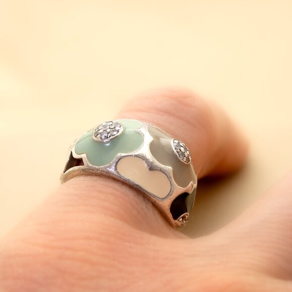 Sterling Silver Flower Ring with Enamel & CZ Stamped 925, Size 5, Floral Jewelry - Picture 8 of 9